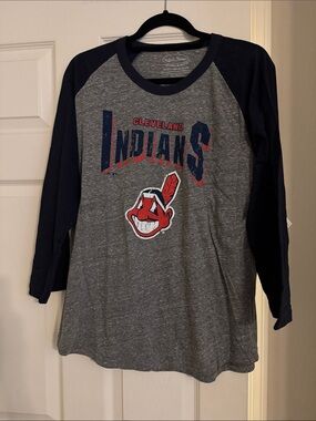 Majestic Gray & Navy Cleveland Indians Raglan Long Sleeve Tee